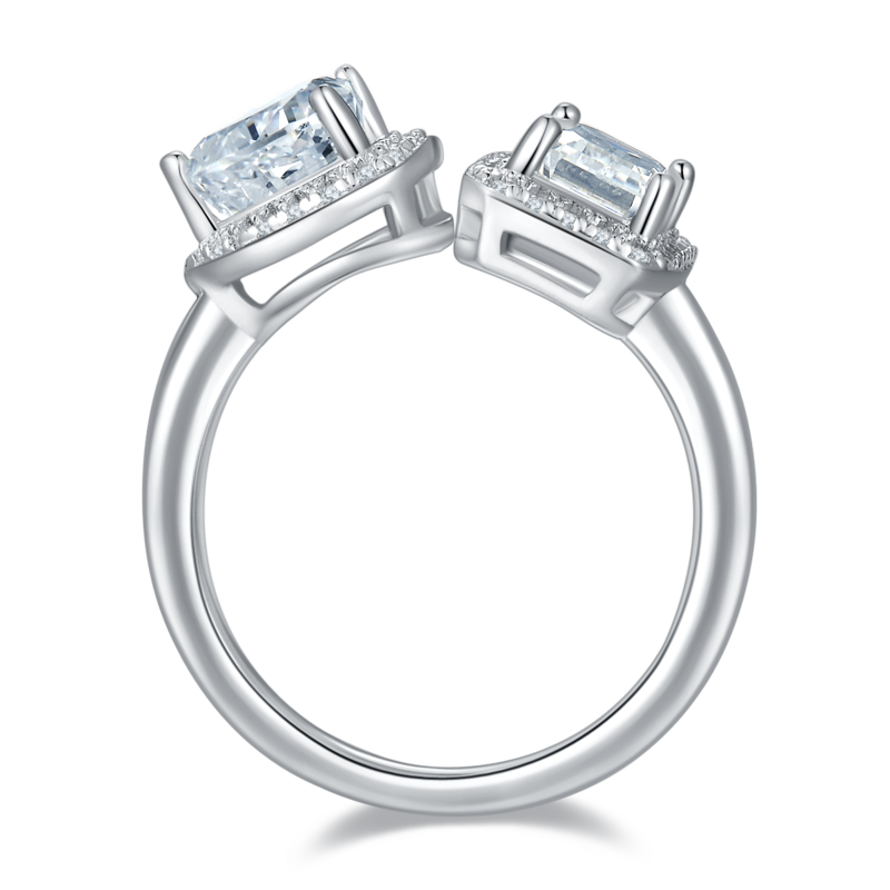 心形冰花切AND长方MoissaniteS925银镀白金Women's Ring1ctD级